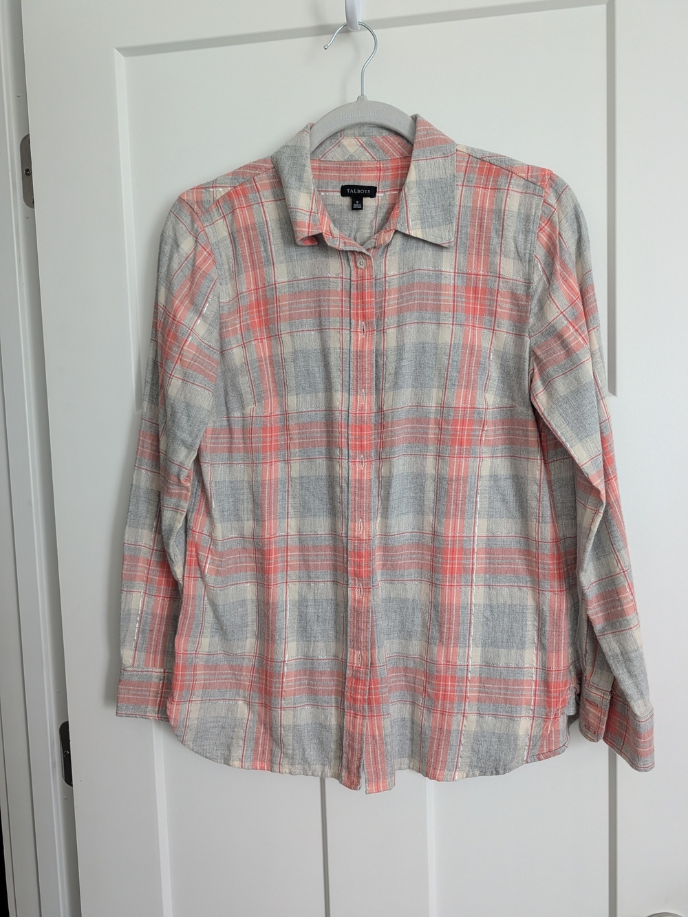 Talbots Coral and Gray Plaid Button-Down Shirt